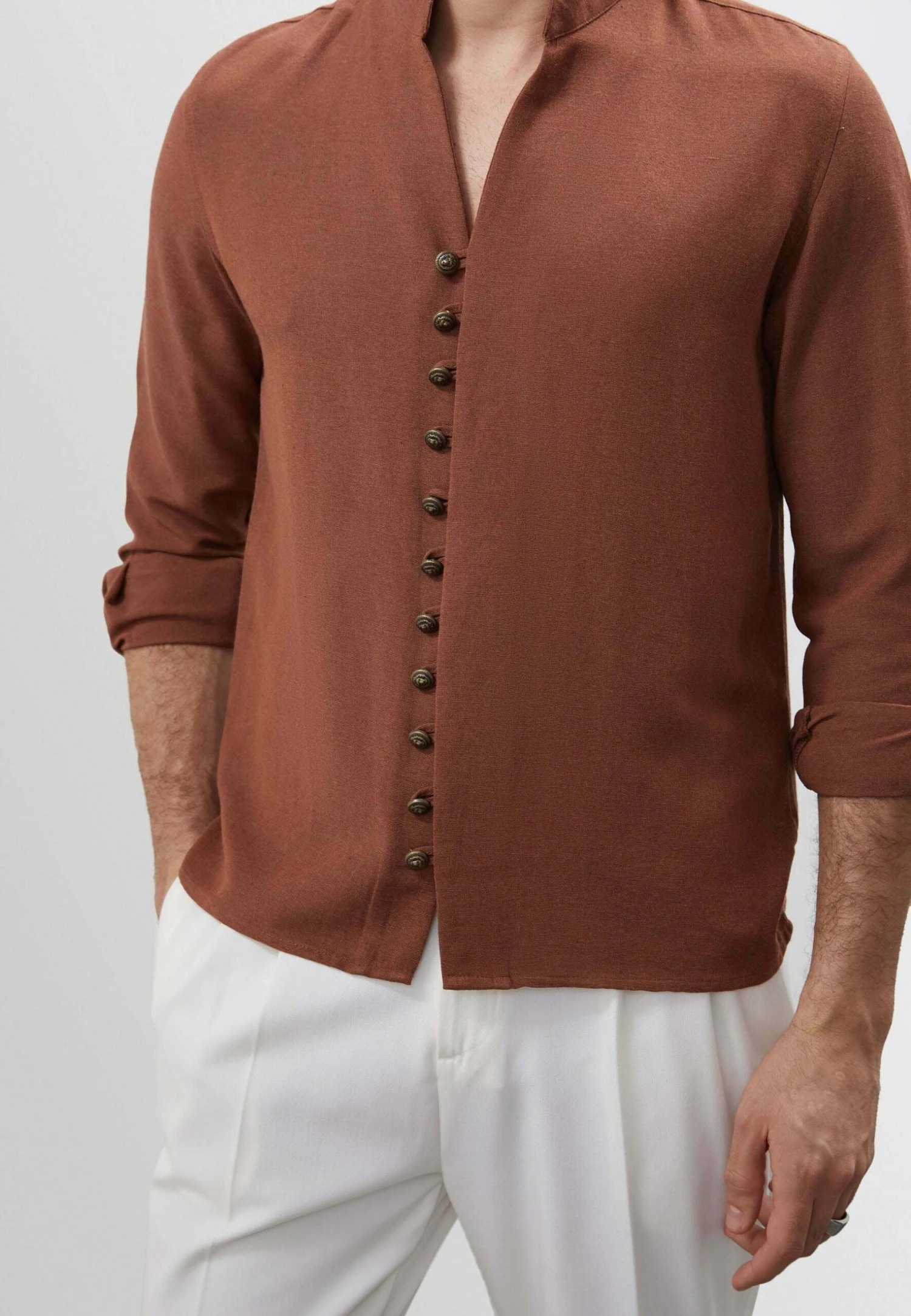 Standing Collar - Overhemd - Brown 8 Standing Collar - Overhemd - Brown - Afbeelding 6