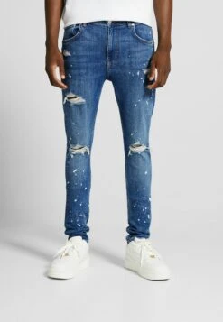 BERSHKA SuperRipped Paint Splatter - Slim Fit Jeans - Dark Blue