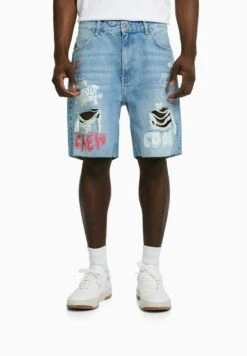 BERSHKA Printed RippedBermuda - Jeansshort - Light/Blue Denim