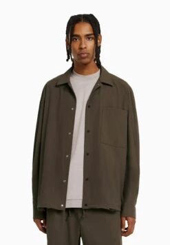 BERSHKA Long Sleeve Technical -Parachute- Overhemd - Brown