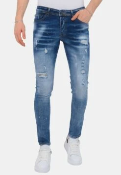 Paint Splatter Stoashed- Slim Fit Jeans - Blauw