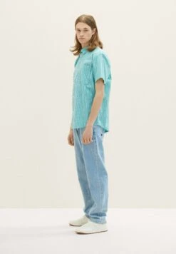 TOM TAILOR Denim Gestreiftes Kurzarm - Overhemd - Turquoise Stripe -Jack and Jones Verkoopwinkel 7ce4e09605ae49f984913c35b10b6cd7