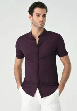 Mandarin Collar Short Sleeve Slim Fit - Overhemd - Damson